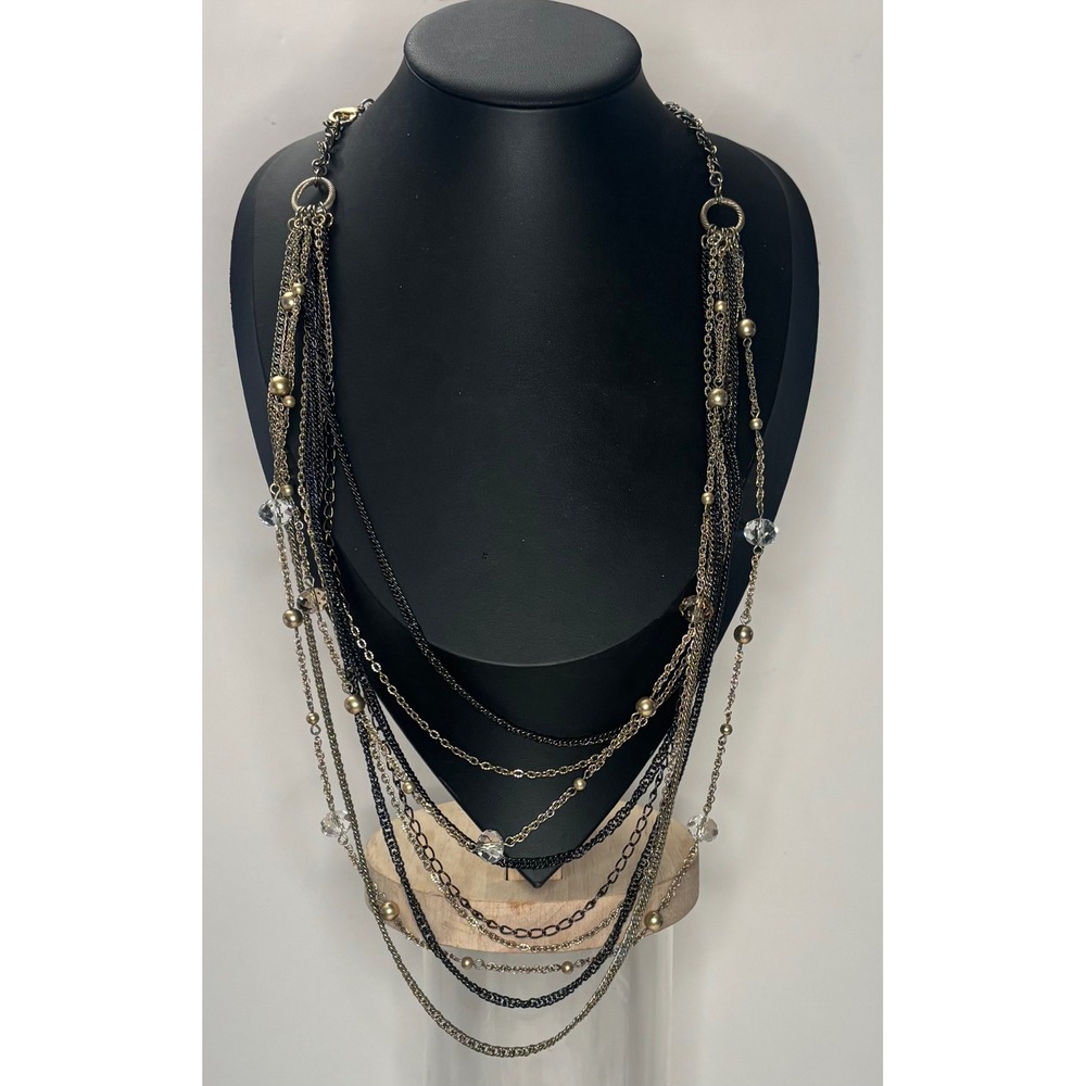 Multi Strand Mixed Metal Layered Chain Necklace with Crystal Accents 32"